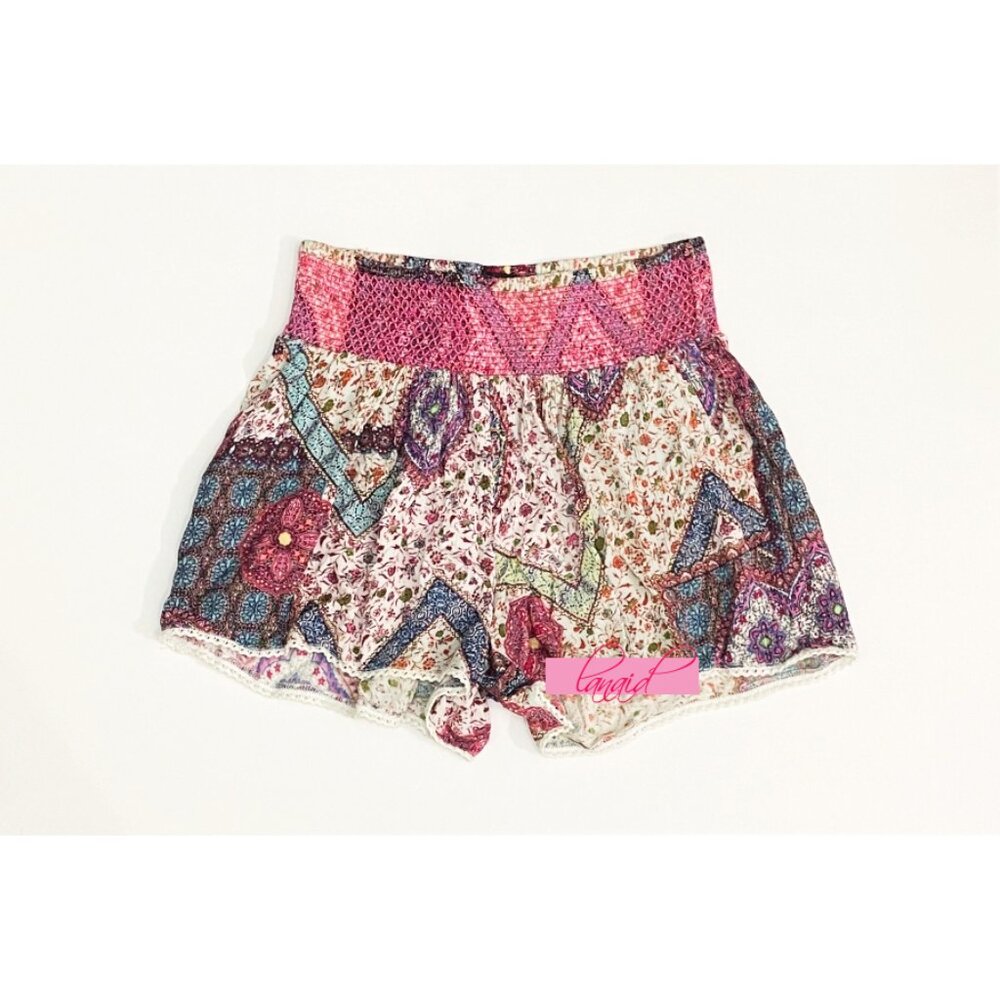 Bloomingdale's Smocked High-Rise Waist Floral Patchwork Lace Crochet Trim Shorts